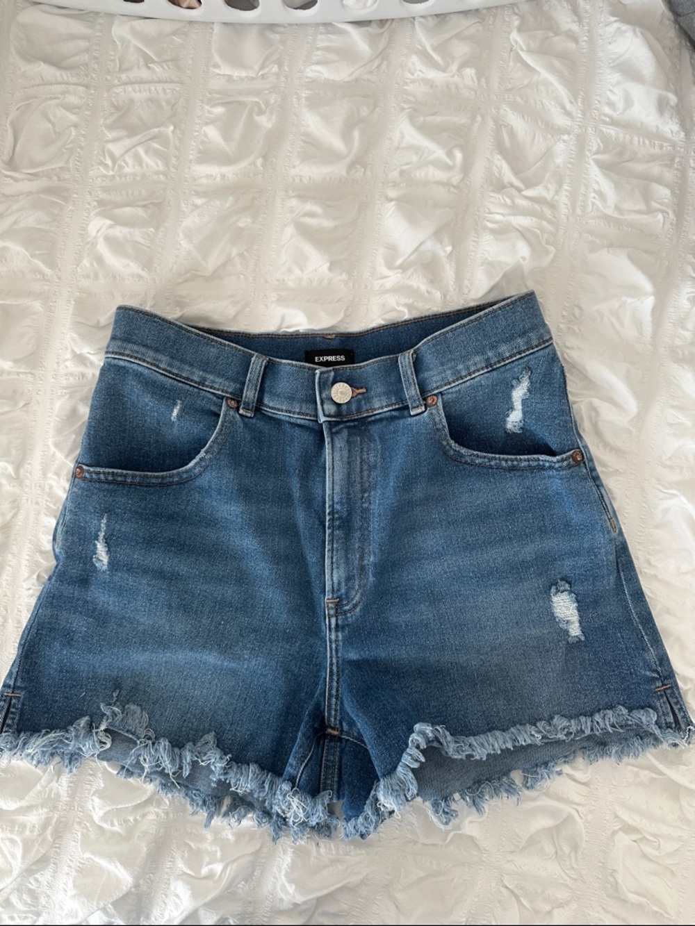 Express Distressed Denim Shorts in Blue Wash